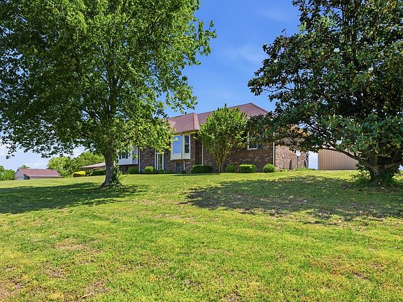 The home framed between mature trees on the front lawn, branches softening the brick facade in late spring light